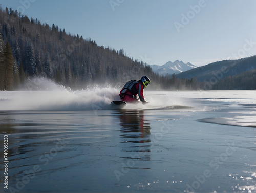 A person on a snowmobile racing powerfully across a snow blanket, exemplifying extreme winter sport