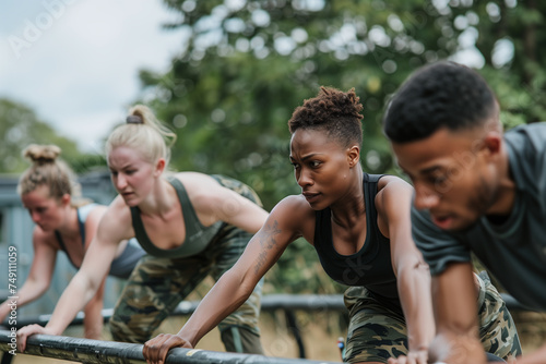 Focused group of individuals engaged in a challenging outdoor bootcamp workout