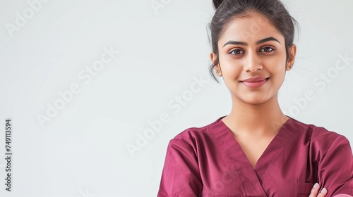 Confident young female Indian doctor in maroon scrubs on a light background