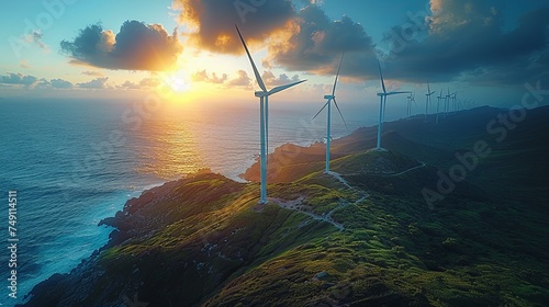 Aerial View of Wind Turbines on Verdant Hills by the Coastline