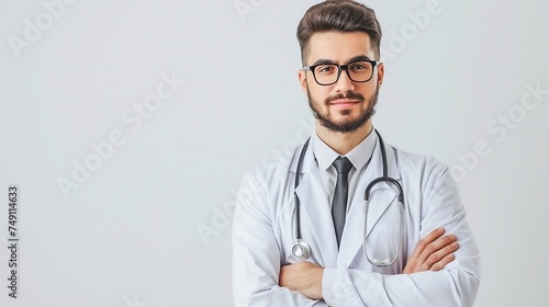 Handsome young male doctor in white coat and folded arms stethoscope on a white background