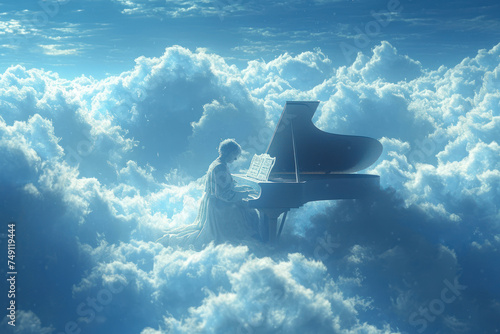 Man Enjoying Music While Playing Piano in the Clouds extreme closeup. Generative AI