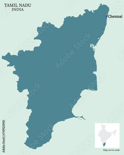 Tamil Nadu map with capital city Chennai pinned vector illustration 