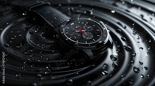 Luxury Black Chronograph Watch Surrounded by Water Droplets Ai generated 
