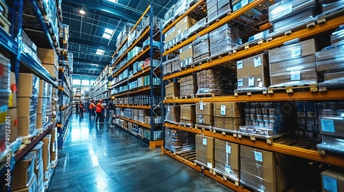 Amidst the towering shelves and bustling activity, workers diligently carry out their tasks in the modern large warehouse