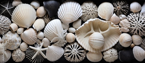A group of sea shells of various shapes and sizes stacked on top of each other, creating an interesting and textured composition. The shells are arranged in a captivating display, showcasing their