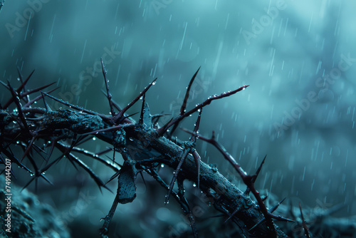 Elegant Good Friday Background with Close-up of Thorns and Raindrops