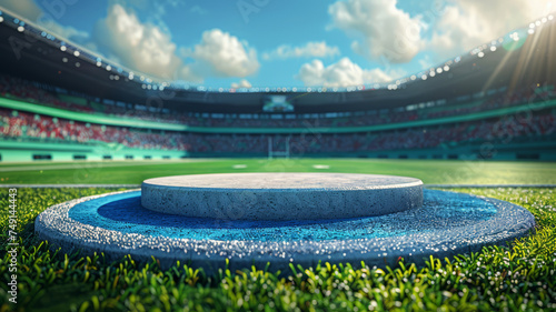 Sports Product Display Podium on Soccer Field with Stadium Background and Sun Rays