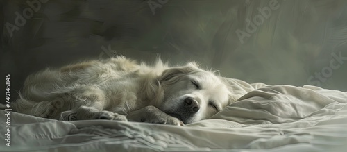 An adorable dog is laying on a bed with its mouth open, appearing to be in a state of relaxation or sleep. The canines paws are tucked under its body, and its eyes are closed.