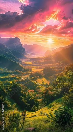 sunset valley foreground color rainforest background brilliant dawn rays sunlight diffuse ultra hawaii bright lens flare stunning radiate connection forest