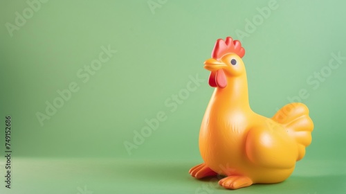 A rubber chicken, a classic gag item, lying horizontally across a plain green background,
