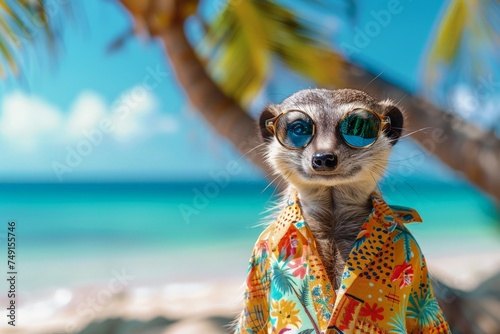 A meerkat, a small mongoose found in Africa, standing upright on a sandy beach while wearing sunglasses, looking around with its curious eyes.