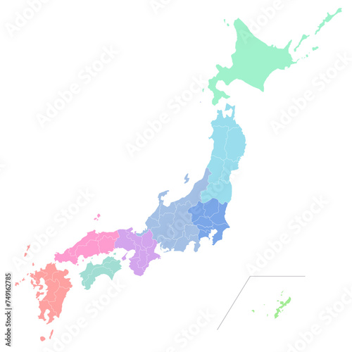 分割できるカラフルな日本地図のシルエットイラスト（県境入り）