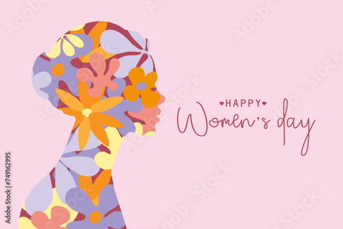Women's day background, card, poster, with simple graphic flowers on the pink background, trend colours, vector illustration