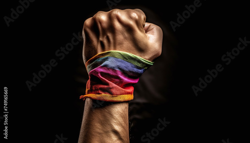 Strong fist with rainbow flag on black background