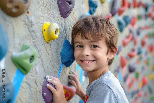 Cute little boy climbing on a wall in a climbing center.