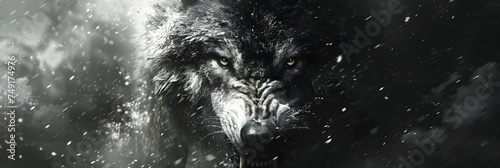 A black wolf with white teeth and a black background, A greyscale close-up shot of an angry wolf with a d 