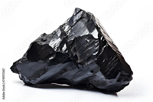 Black Obsidian volcanic glass crystal on white background.