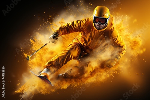 prompt vibrant image of an individual skiing in a radiant orange ensemble on a sunlit day