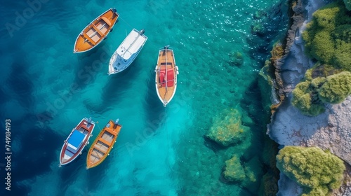 Summer seascape with clear water in sunny day. Top view of boats from drone