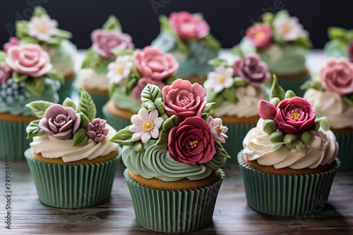 assortiment de cupcakes traditionnels avec glaçage royal au sucre vert ou blanc, et des topings en pâte à sucre en forme de roses et feuilles.