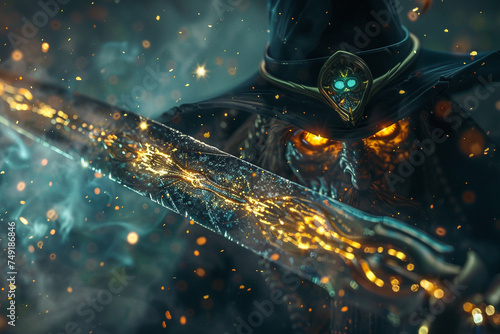 Artistic render of a magical sword with the a wizard with glowing eyes.