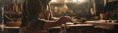 Carpenter meticulously crafting intricate joinery or details on a piece of wood, with chisels, planes and other hand tools in hand, background image, generative AI