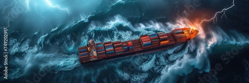 A large container ship braving turbulent waters during a severe storm.