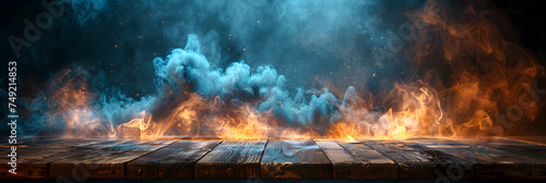 Fire in the fireplace with blue smoky background, Dark Abstract Empty Wooden Table Top with Smoke