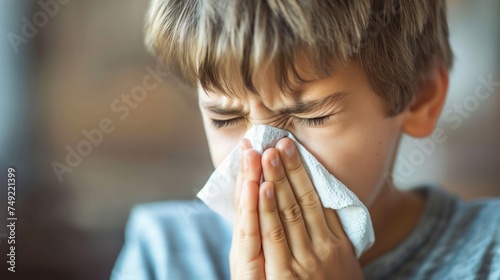 a boy sneezing into a paper tissue. allergies, hay fever, colds, Spring allergies, and getting sick concept.
