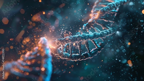 An illustration of CRISPR-Cas9 gene editing technology showing molecular structures and DNA strands, representing advanced biotechnology for genetic engineering and medical research.