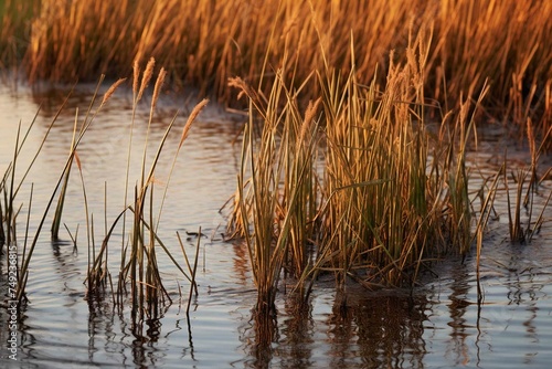 Wild rice stems in marshland 