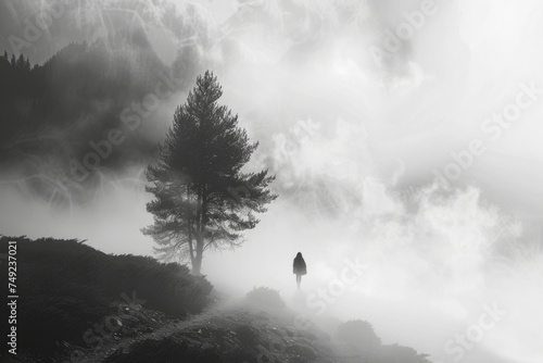 Silhouette of a lone person and tree in mist. Monochrome landscape with fog.