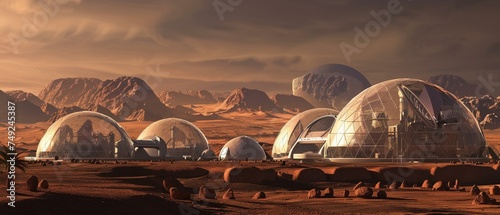 A futuristic Mars colony domes red planet exploration