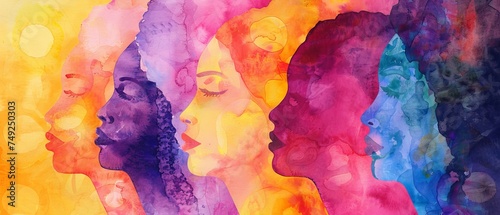 Happy international women's day concept, 8th March 2024 greeting card - Watercolor painting silhouette of beautiful women in their diversity, isolated on yellow background