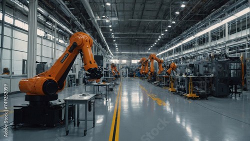 Advanced manufacturing facility with robotic arms and automation.