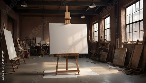 Empty canvas on easel in a artist warehouse