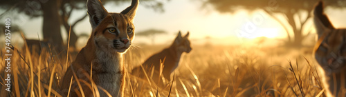 Caracal family in the savanna with setting sun shining. Group of wild animals in nature. Horizontal, banner.