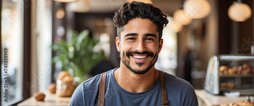 Small business owner young italian man at entrance of cafe bakery smiling looking at camera from Generative AI