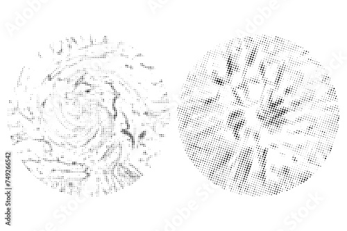 two circles with different shapes and sizes with halftone dots effect, eye lens with bitmap dot texture set