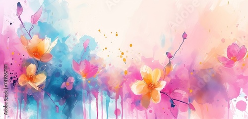 water color ink painting with spring bright color flowers and leaves, abstract background