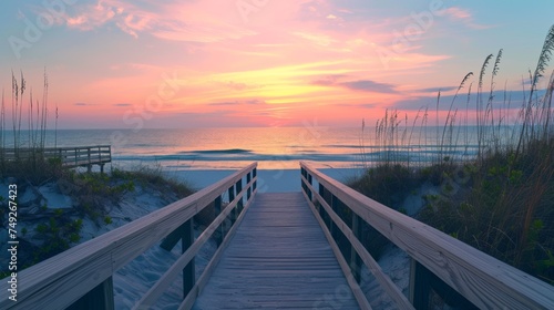Long boardwalk leading to white sand beach and ocean water at sunset