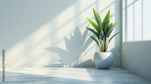 A potted plant in a white ceramic pot is placed on a tiled floor near a window, with sunlight casting shadows on the wall