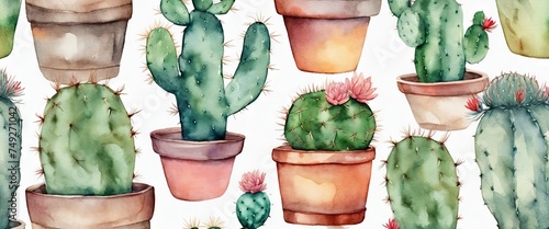 A watercolor painting of several potted cacti with a white background. The painting has a calming and peaceful mood, with the cacti being the main focus