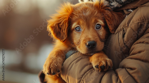 A close-up of a cute brown puppy with floppy ears and shiny eyes being cuddled and resting comfortably over the shoulder of a person wearing a brown winter jacket, with a blurred background.