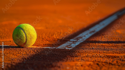 balle de tennis sur un court en terre battue près d'une ligne blanche