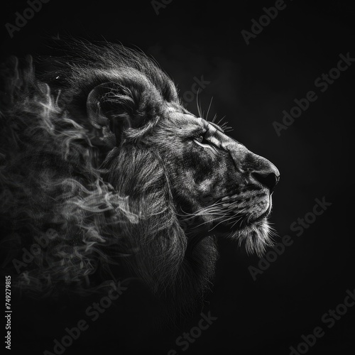 Predatory lion wild animal, beast isolated black background. Power of blazing fire flame. Generative ai.