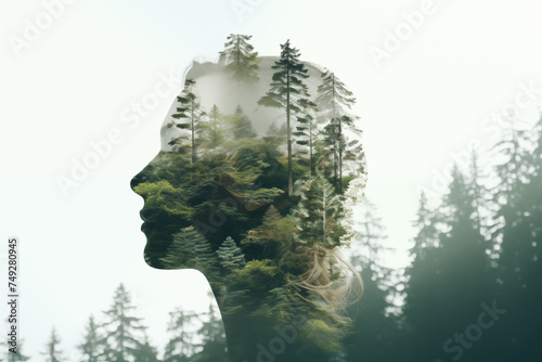 Double exposure of a woman's head with forest landscape in the background. woman with visible in the foggy water at sunset Conservation of resources and environment 