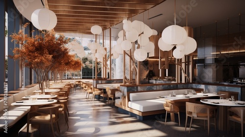 A modernist restaurant with suspended pendant lights and avant-garde artwork