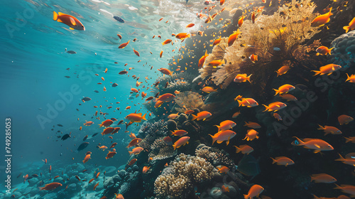 Shoal of fish swimming in coral reefs of blue Red Sea.